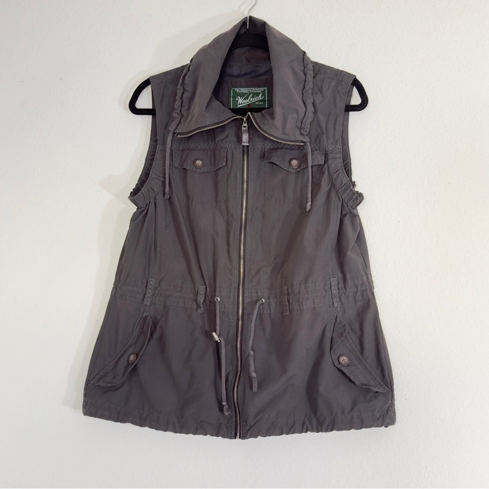 Vintage Y2K Woolrich Utility Vest Hooded Zip Up Gray Outdoor Cabincore Large